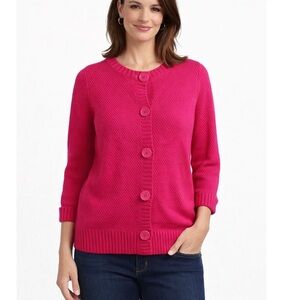 L.L. BEAN  Powder Pink Knit  Popcorn Stitch  Cardigan 100% Cotton Sweater Size S
